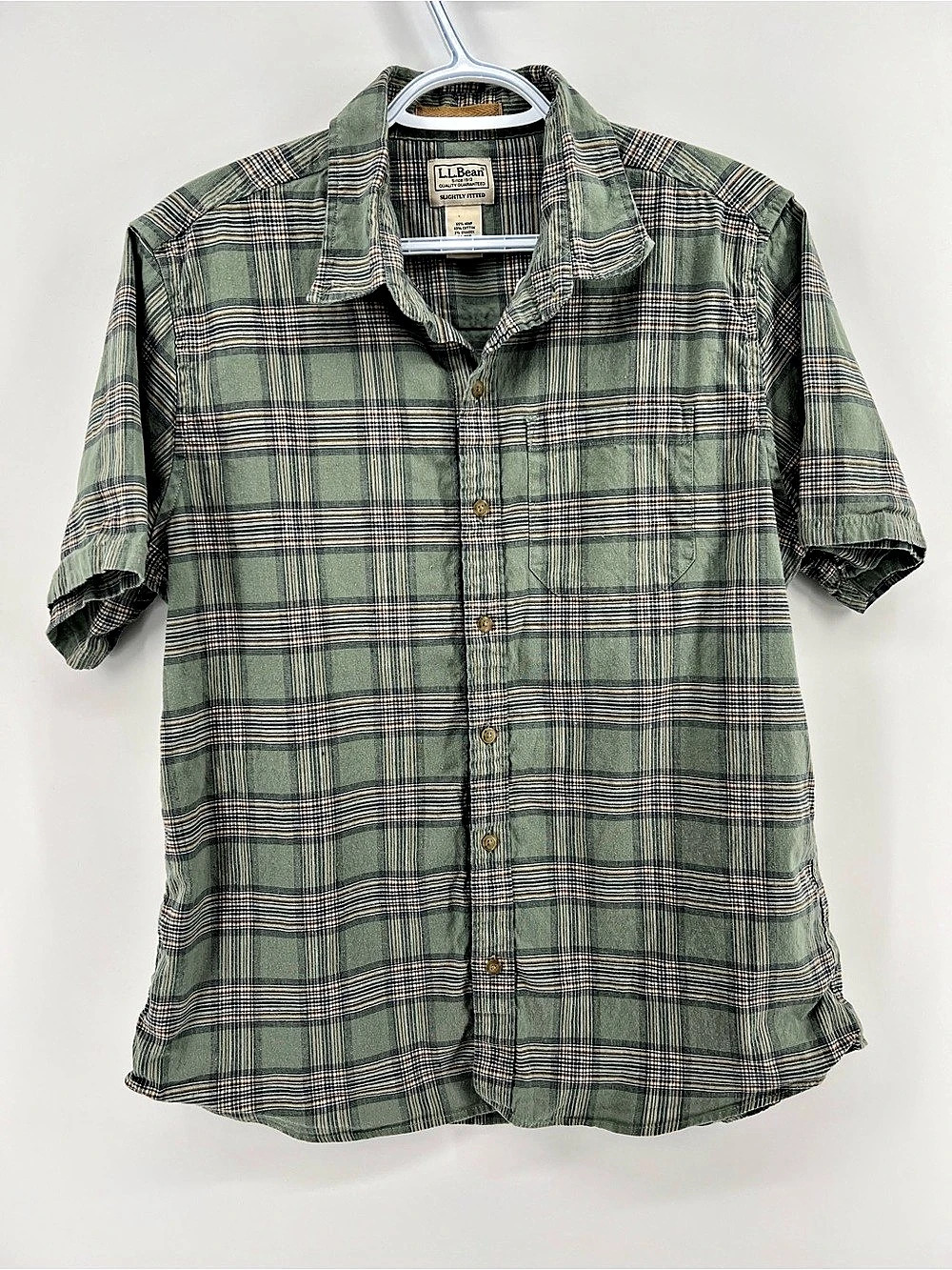 L.L.Bean Men's Medium Hemp Short-Sleeve Green Plaid Button Down Shirt